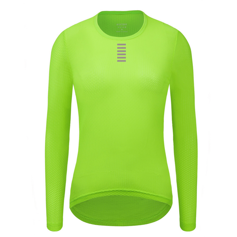 Women's ultralight long sleeves cycling base layer top in bright green with breathable mesh fabric and reflective details, model SF0222.