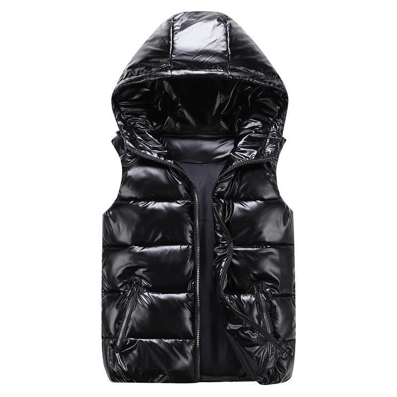Women's warm hooded vest in shiny black with zipper and pockets, made of polyester and cotton for stylish insulation.