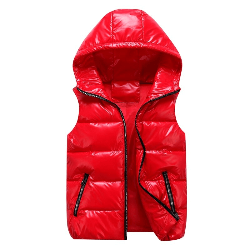 Women's bright red hooded vest with zipper and pockets, made from cotton-polyester blend for warmth and style - SF0061
