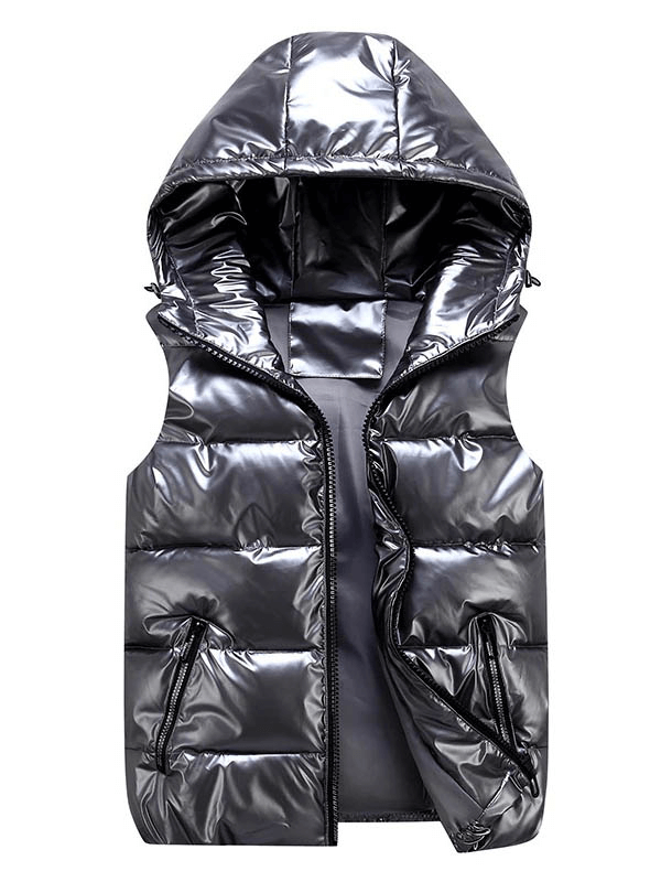 Shiny hooded black vest with zipper front and pockets, perfect for stylish warmth and functionality.