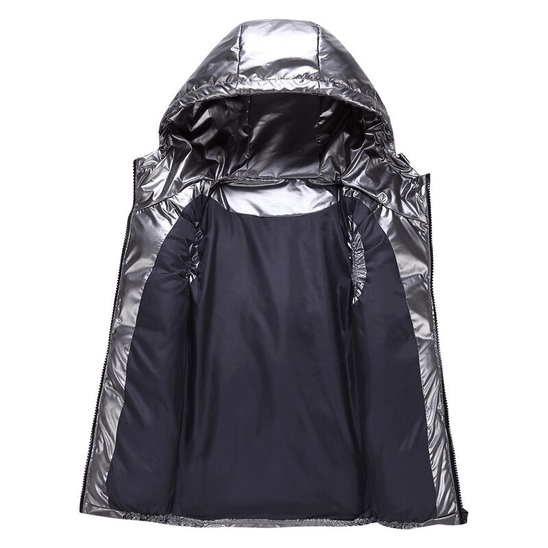 Inside view of a women's shiny metallic hooded vest with dark interior lining, showcasing front zipper and roomy pocket details.