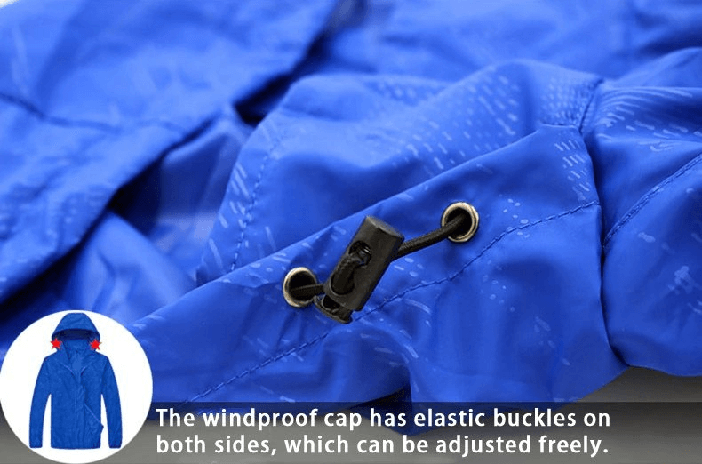 Close-up of blue waterproof windbreaker with adjustable elastic buckles on hood, SF0008.