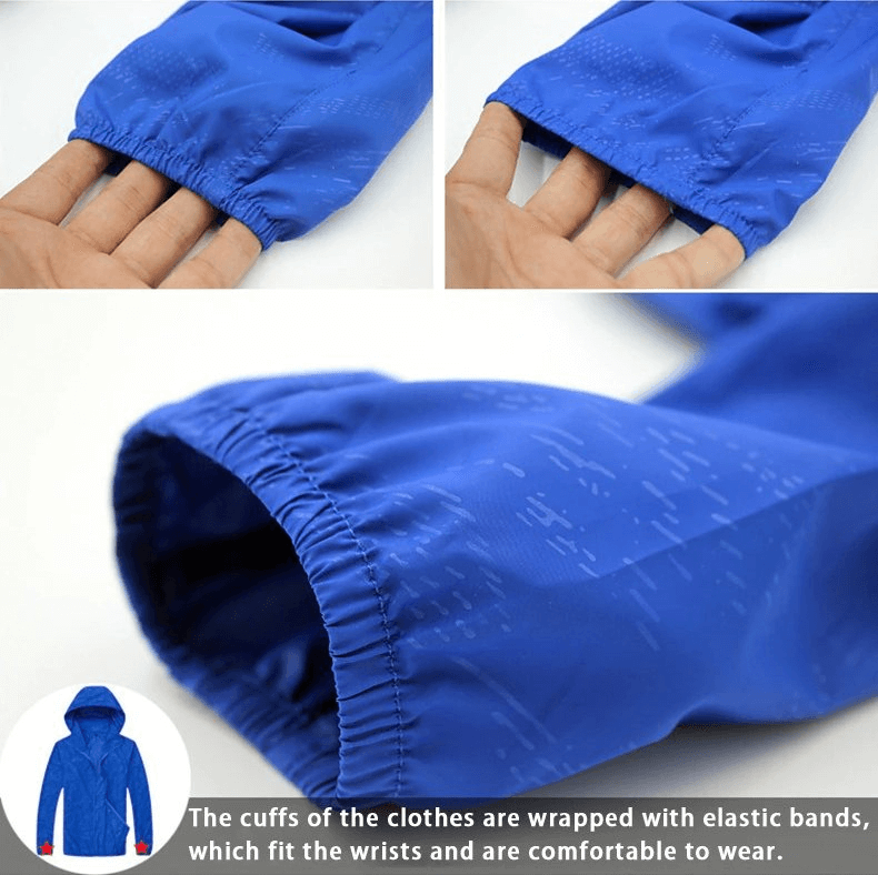 Close-up view of elastic cuffs on blue waterproof windbreaker jacket, showcasing comfort and style for women's outdoor adventures.