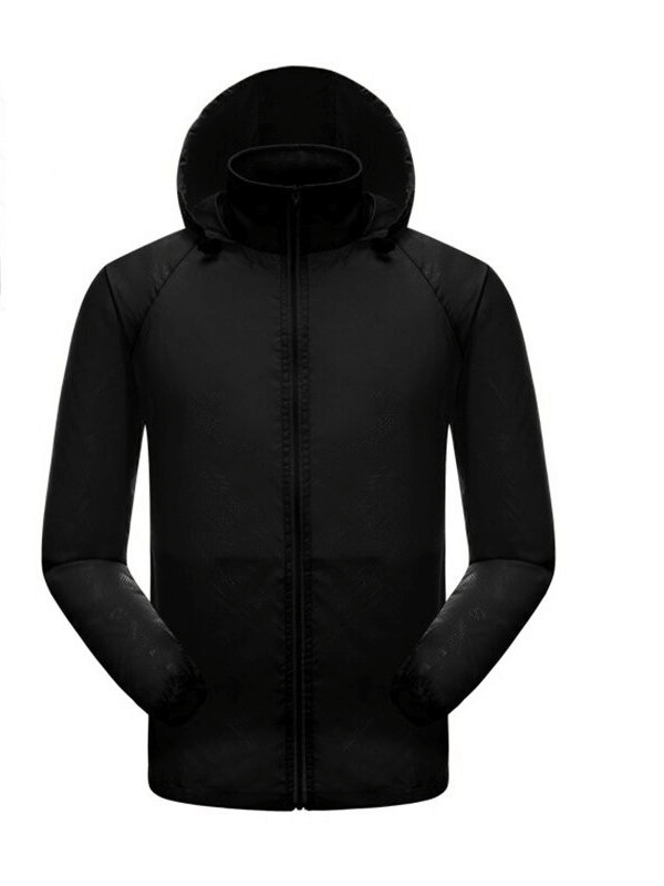 Black women's waterproof quick-drying windbreaker with hood and zippered pockets, perfect for sun protection and outdoor activities.