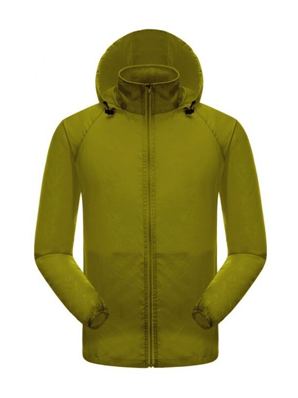 Women's waterproof quick-drying windbreaker with zippered pockets and hidden cap, ideal for outdoor activities in any weather.