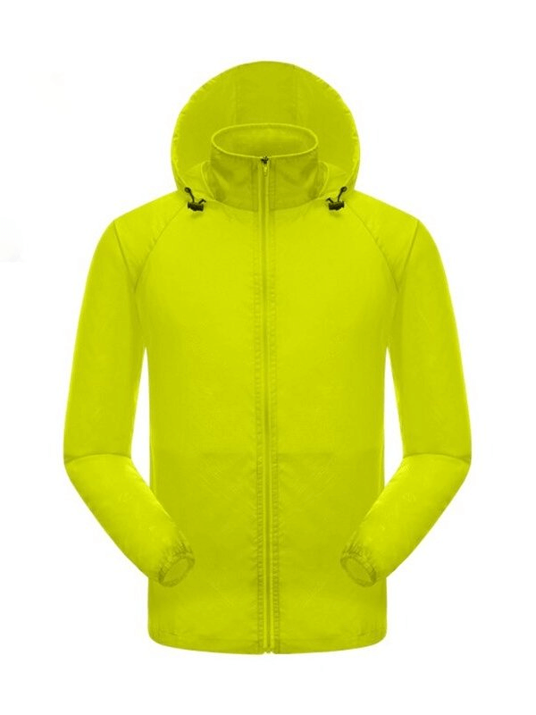 Bright yellow women's waterproof quick-drying windbreaker with zippered pockets and hood.