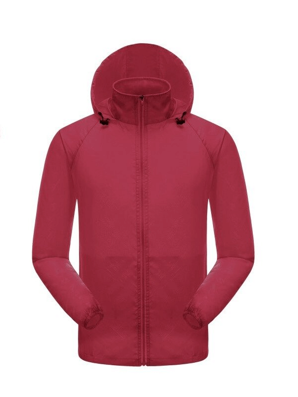 Women's red waterproof windbreaker with hood, zippered pockets, and quick-dry fabric. Ideal for sun protection and outdoor adventures.