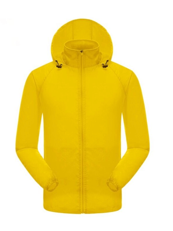 Bright yellow women's waterproof quick-drying windbreaker with zippered pockets and hidden hood for outdoor adventures - SF0008.