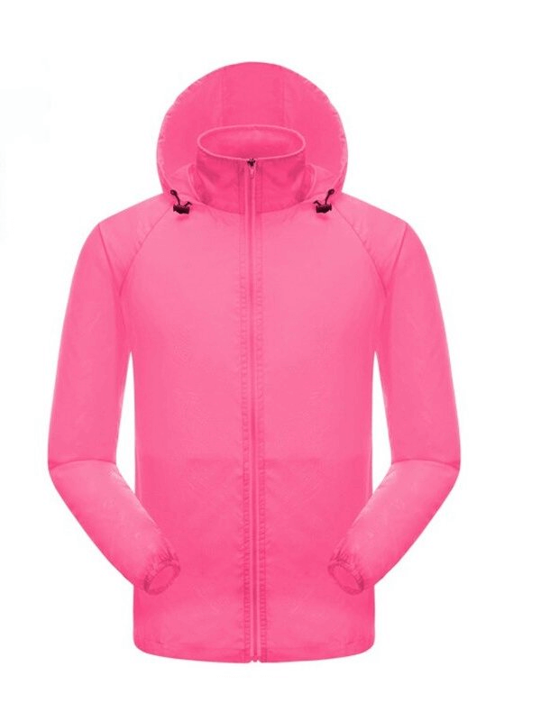 Women's pink waterproof windbreaker with hood and zippered pockets, ideal for quick-drying and sun protection.