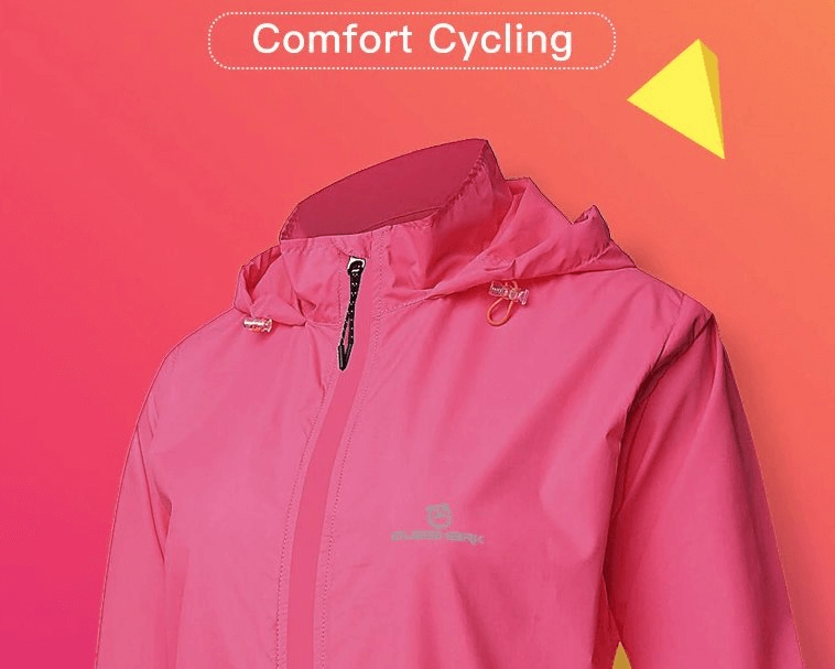 Women's pink waterproof reflective cycling jacket with hood, ideal for comfort during cycling, hiking, and outdoor activities.