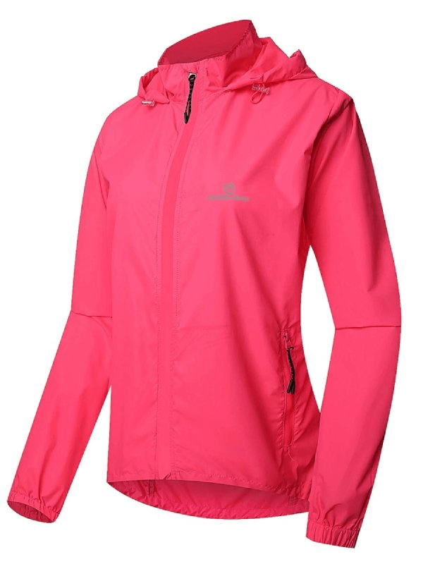 Bright pink women's waterproof reflective bicycle jacket with hood and long sleeves, featuring breathable and quick-dry material.