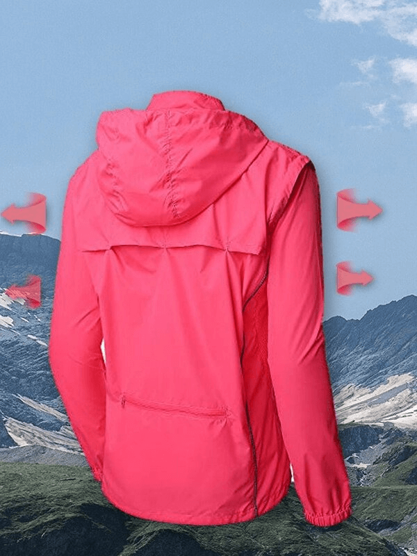Back view of pink women's waterproof reflective bicycle jacket with hood and long sleeves, ideal for cycling and hiking.
