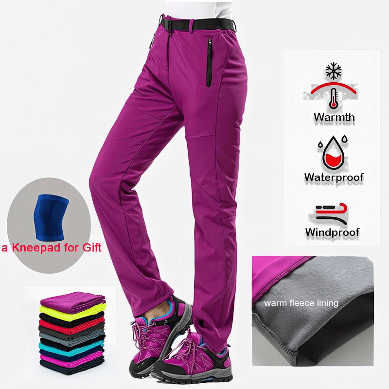 Women's purple waterproof sports pants with fleece lining, featuring windproof and breathable fabric, ideal for hiking and outdoor activities.