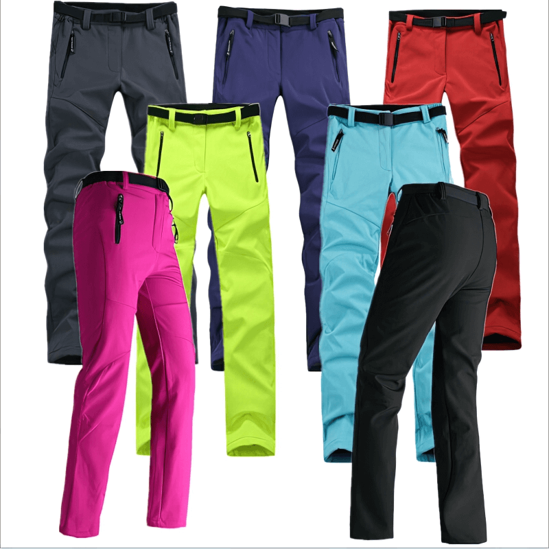Women's waterproof sports pants in various colors including pink, green, blue, red, and black. Ideal fleece hiking clothes.