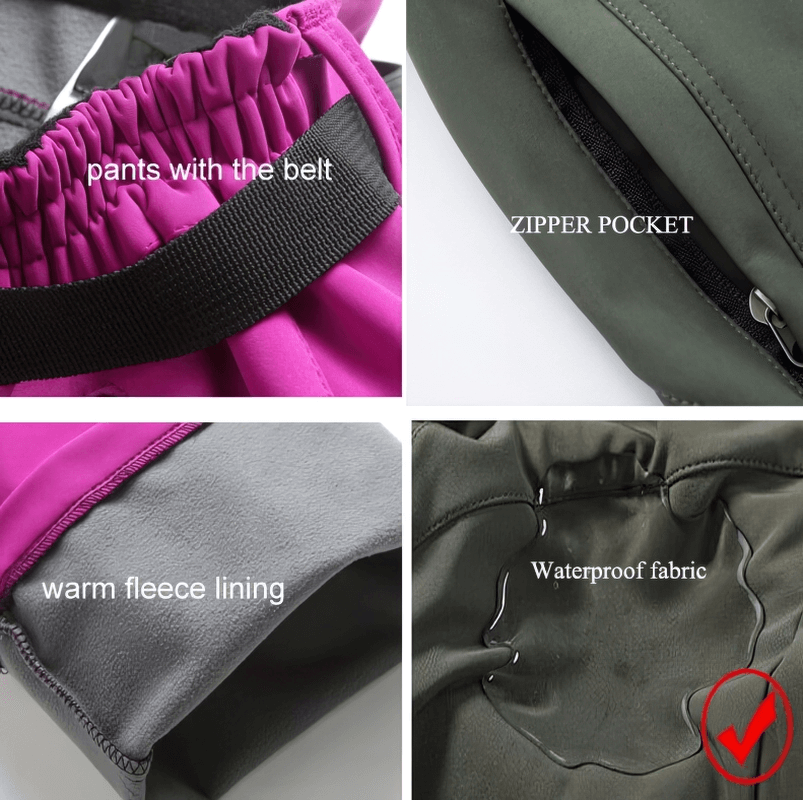 Close-up of women's waterproof fleece hiking pants featuring an elastic waistband, zipper pocket, warm fleece lining, and waterproof fabric.