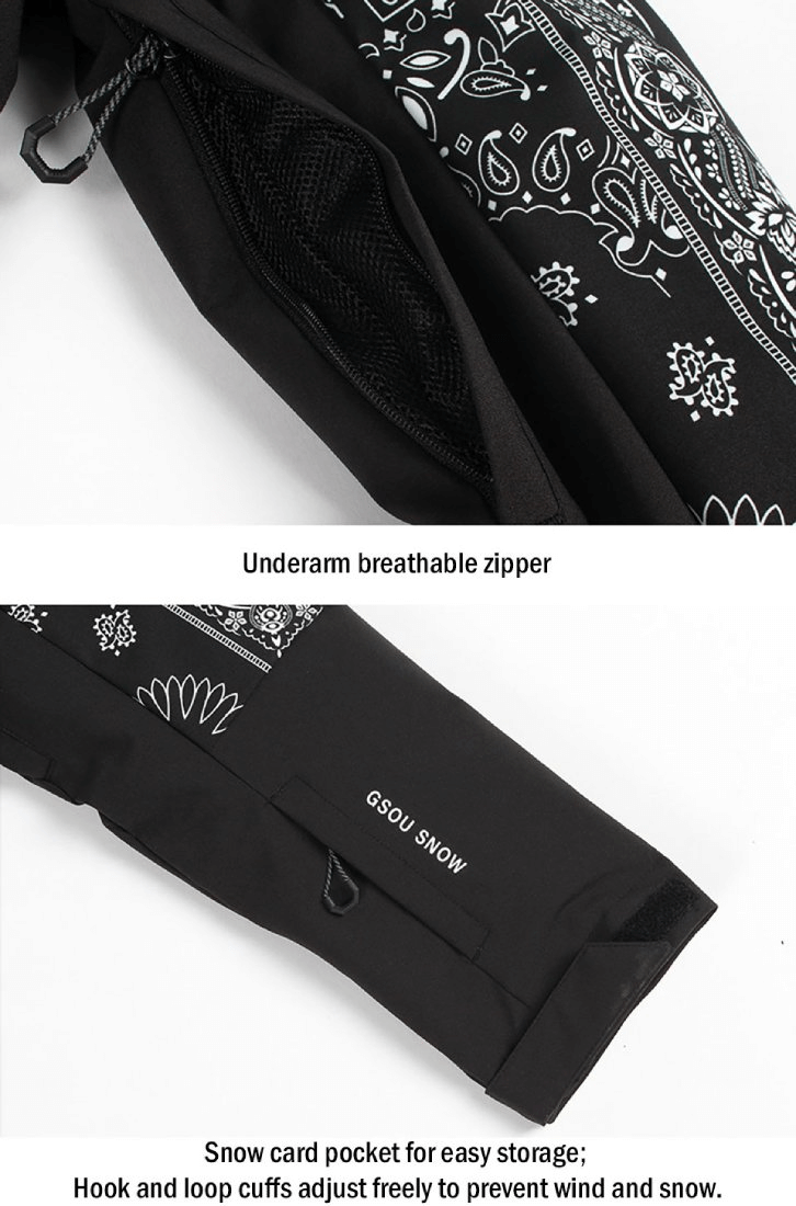 Women's ski jacket details with breathable zipper, snow card pocket, and adjustable cuffs for winter protection.