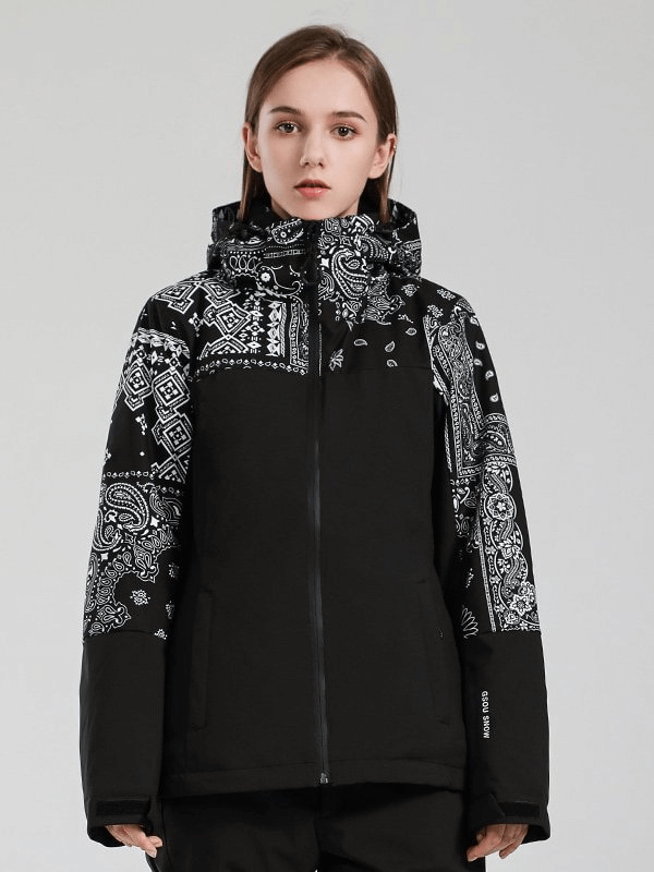 Women's windproof waterproof breathable ski jacket with hood in black, featuring a stylish pattern, perfect for skiing in winter.
