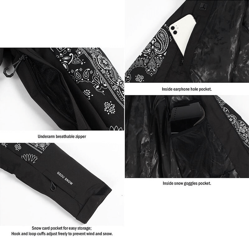 Women's windproof waterproof ski jacket close-up showing breathable zipper, earphone hole, goggles pocket, and snow card storage.