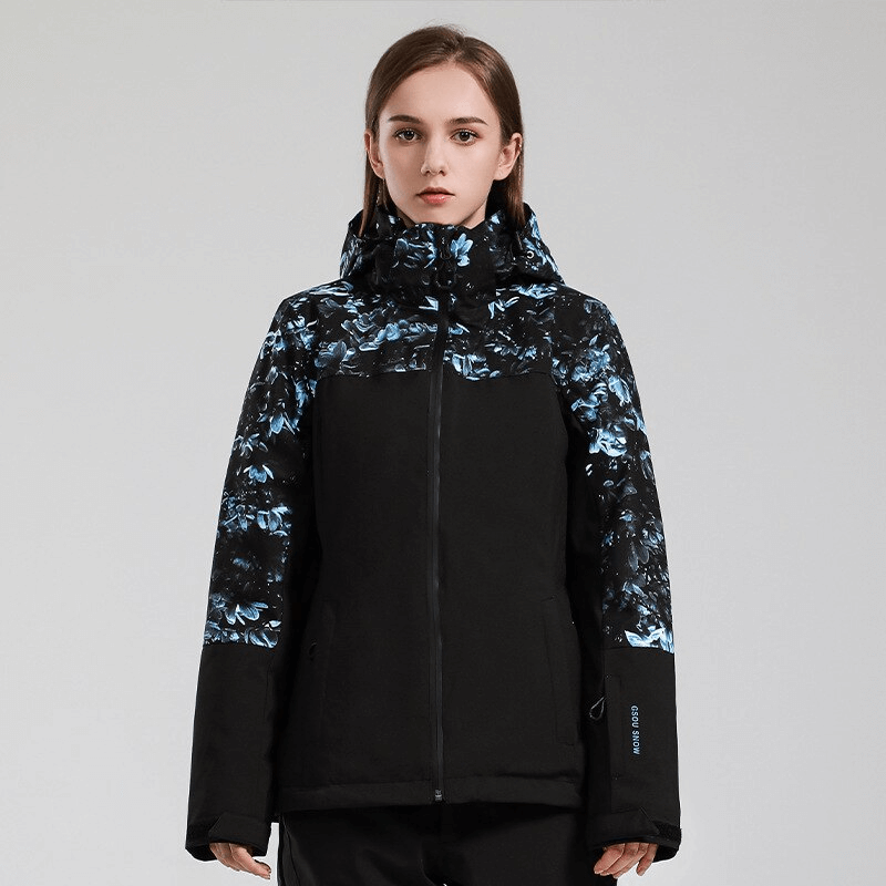 Women's windproof waterproof breathable ski jacket with hood, SF0924, designed for extreme winter conditions in black and blue pattern.
