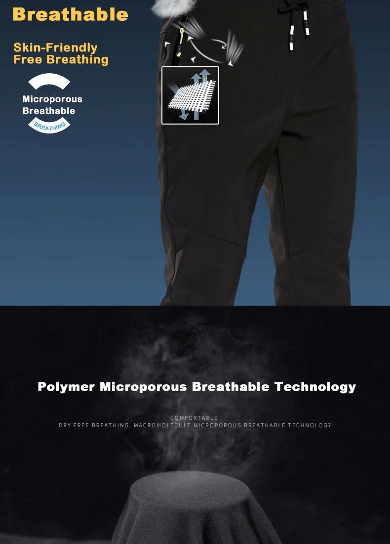 Women's windproof waterproof fleece pants showcasing microporous breathable technology for outdoor comfort.