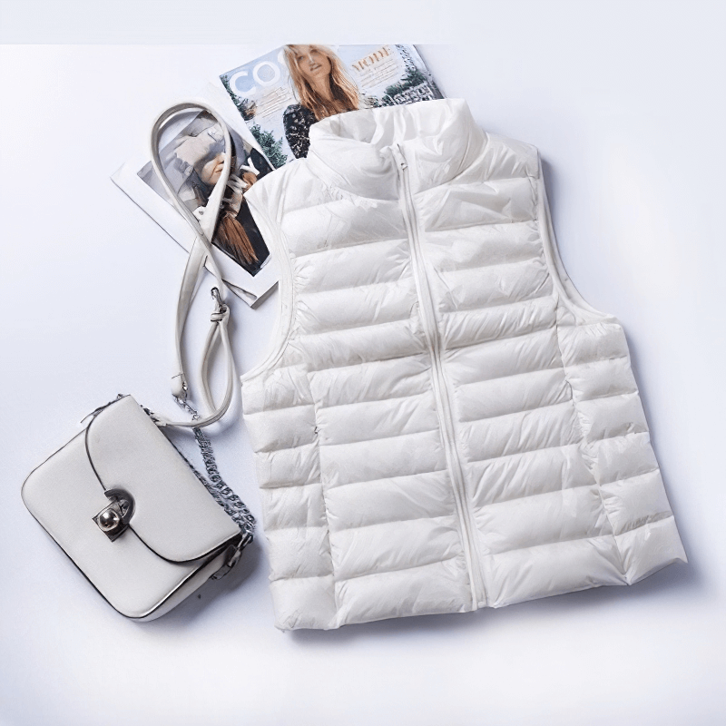 White women's windproof duck down vest with zipper and pockets, stylish accessory photo included.