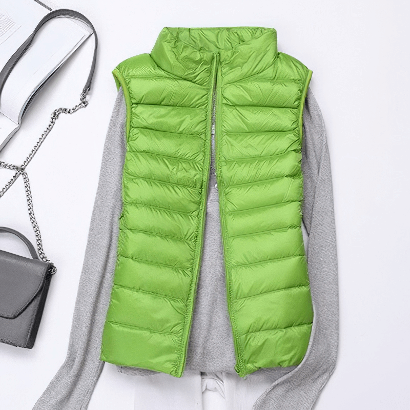 Women's green zipper duck down vest with pockets, windproof, lightweight, perfect for travel and adventure, SF0116.