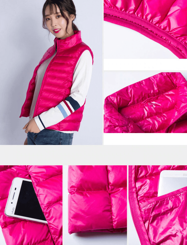 Bright pink women's duck down vest with waterproof zipper and pockets, showcasing windproof and lightweight design. Model wears vest.