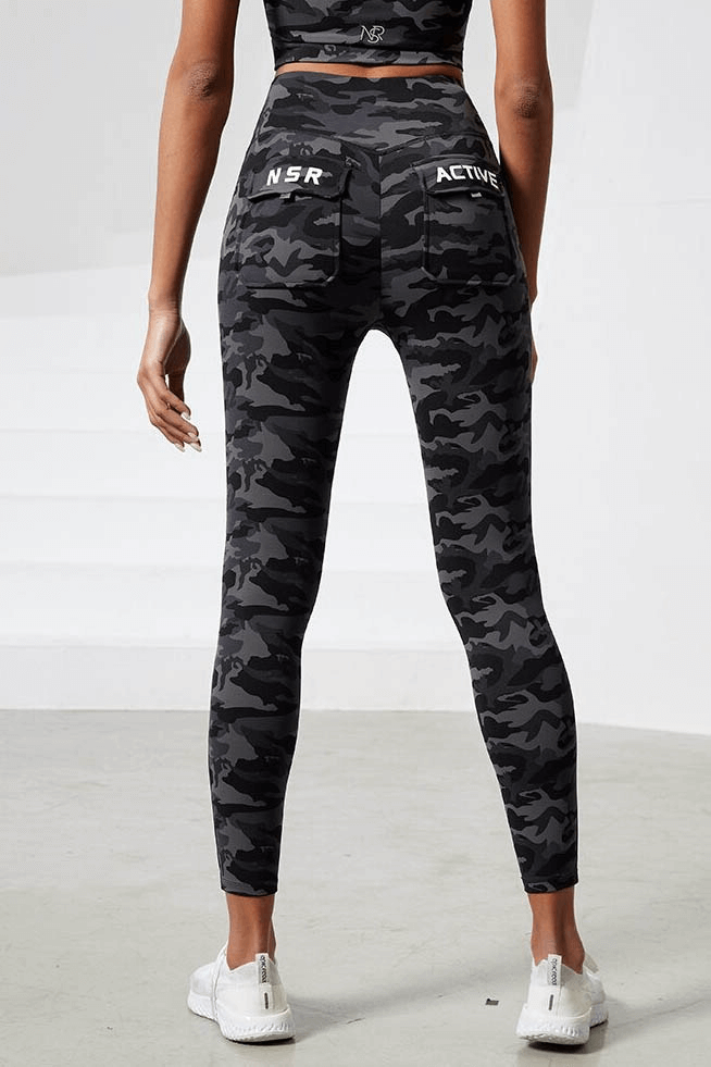 Back view of woman wearing Workout Camouflage High Waist Seamless Leggings with Pockets, showcasing comfort and style.