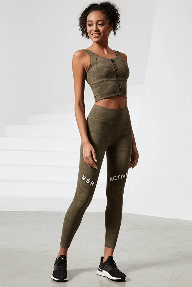 Model wearing Workout Camouflage High Waist Seamless Leggings with Pockets, ideal for yoga, running, and dancing. Stylish and breathable.