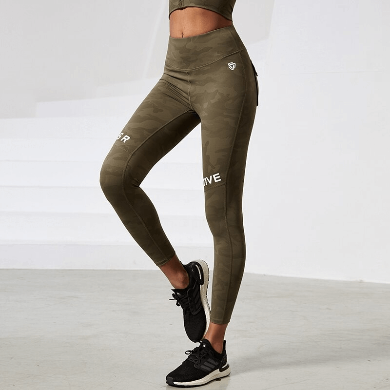 Olive camo high-waist leggings with pockets for yoga, running, and dance; breathable, seamless, quick-dry activewear.
