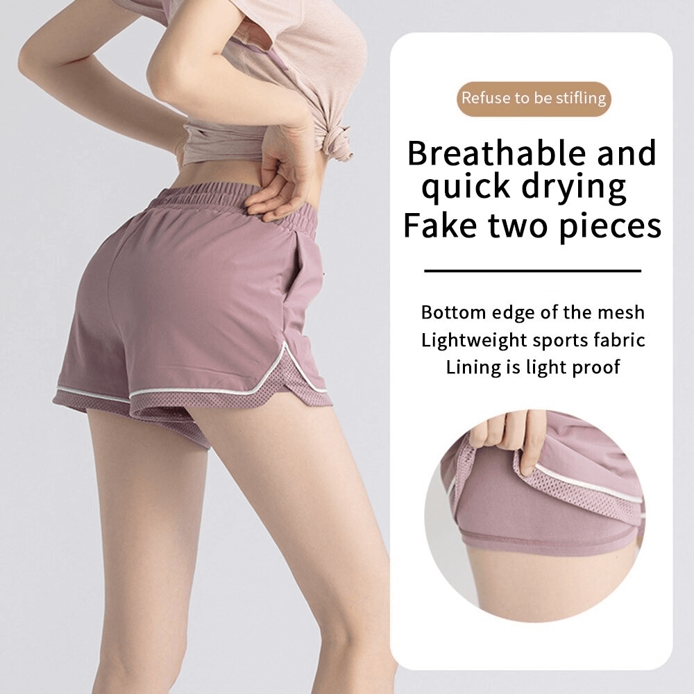 Woman wearing breathable quick-drying workout shorts with adjustable drawstring, highlighting comfort and fit for yoga sessions.
