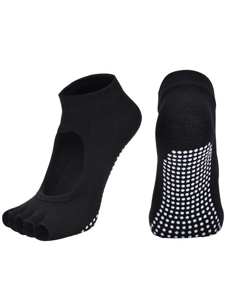 Black yoga women's open finger anti-slip socks, breathable cotton with white grip dots, ideal for performance and comfort.