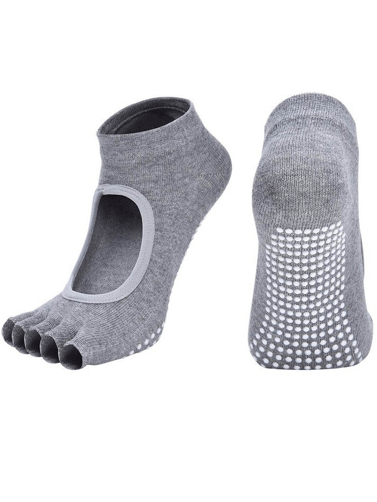 Gray open fingers anti-slip yoga socks for women with breathable cotton and toe separation, featuring non-slip grips on the sole.