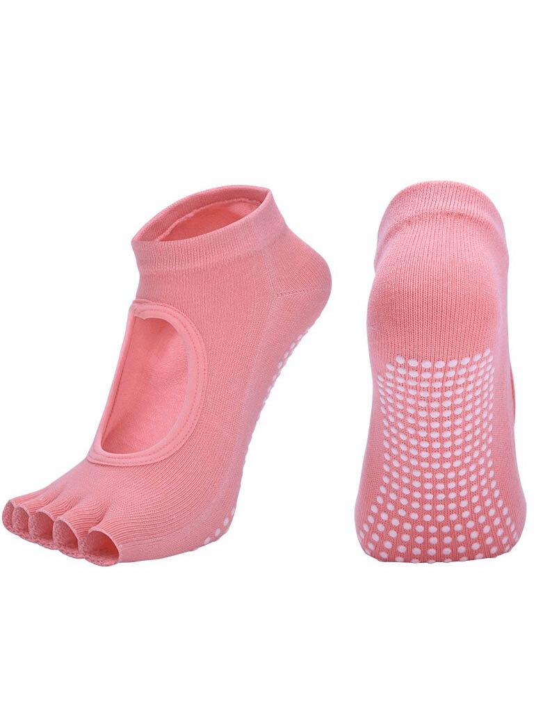 Pink open fingers anti-slip yoga socks, breathable cotton with grip dots for women, ideal for comfort and performance - SF0329.