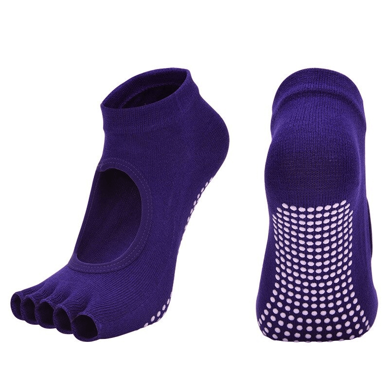 Purple open-finger anti-slip yoga socks with breathable cotton and anti-pilling design, perfect for women’s fitness and comfort.