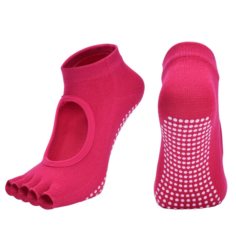 Yoga Women's open fingers anti-slip cotton socks in pink, showcasing breathable and sweat-absorbing design with a secure fit.