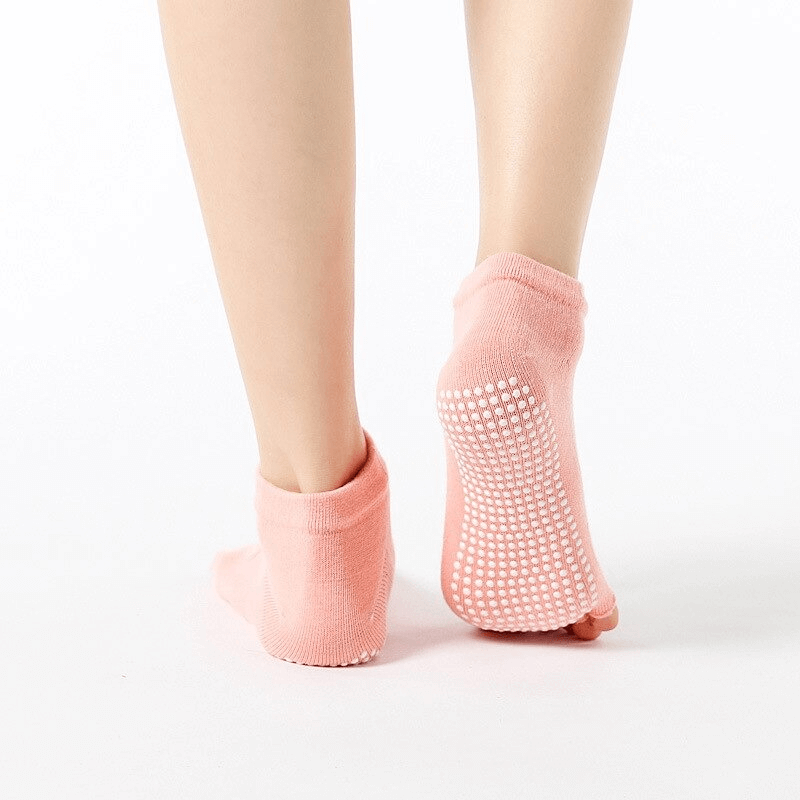 Yoga Women's Open Fingers Anti-Slip Cotton Socks in pink, showing anti-slip soles and breathable design for comfort and performance.