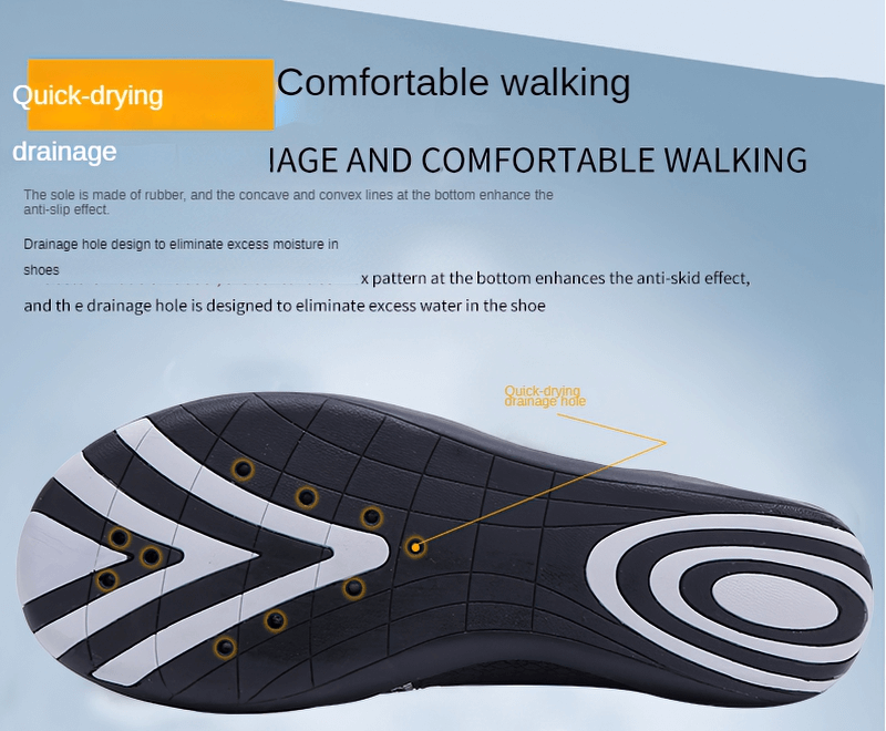 Bottom view of Water Shoes with drainage holes, quick-drying features, and anti-skid design for comfortable walking in wet conditions.