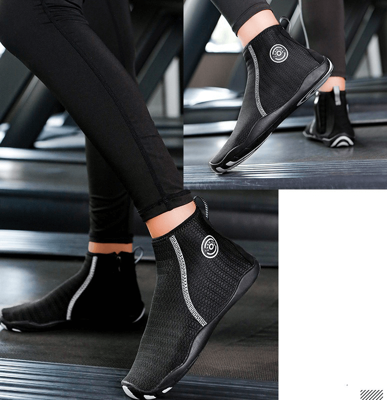 Person wearing Zipper Breathable Water Shoes SF1191 on treadmill; black mesh sneakers with non-slip soles, ideal for swimming and outdoors.