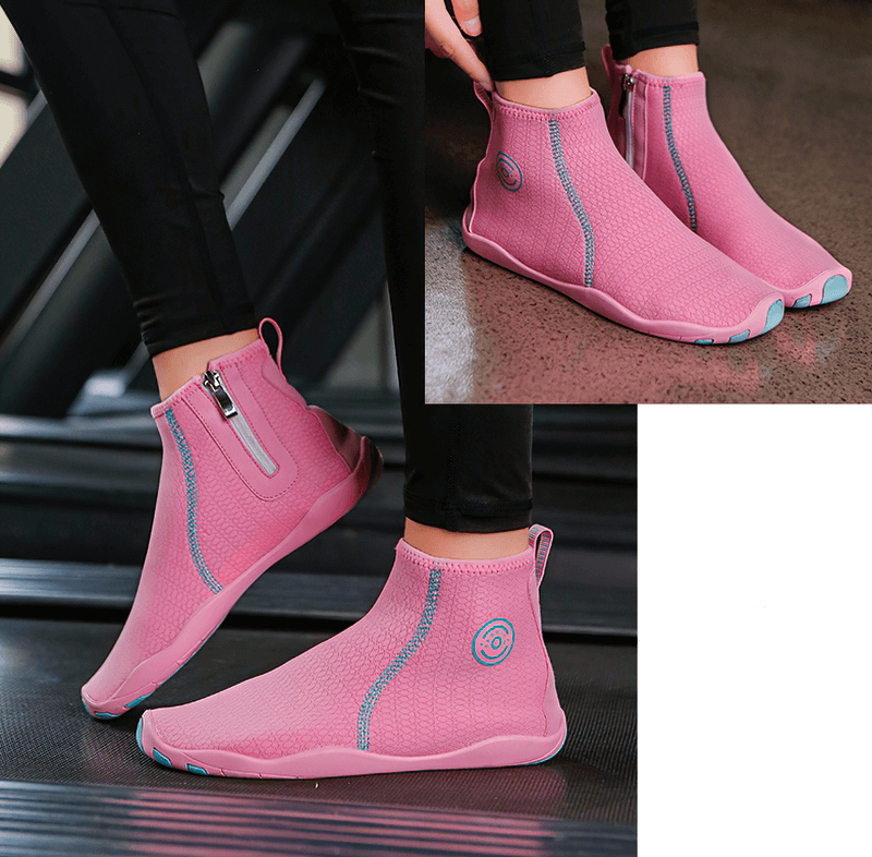 Pink breathable water shoes with zipper closure, ideal for swimming and sports, showing non-slip rubber soles and mesh uppers.