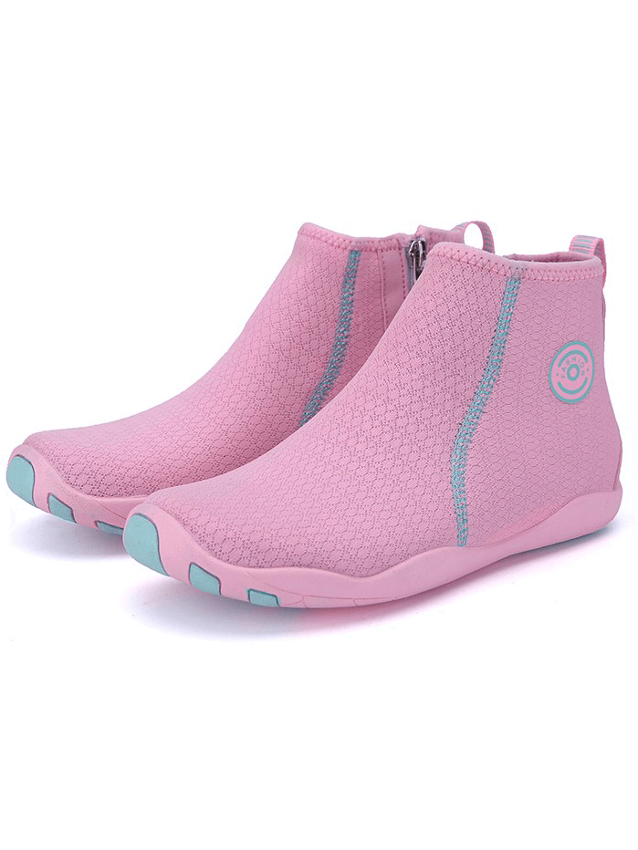 Pink breathable water shoes with zipper closure for swimming and outdoor sports, featuring a non-slip rubber outsole and cushioned EVA insoles.
