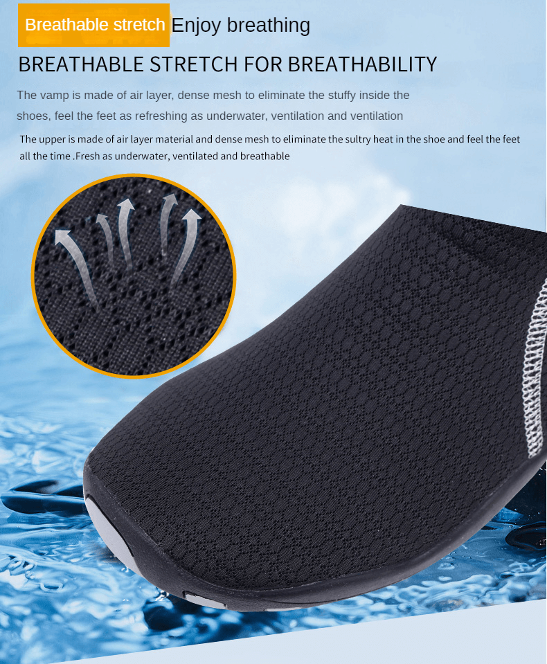 Zipper breathable water shoe in black with mesh uppers on a water background, highlighting comfort and breathability for outdoor sports.