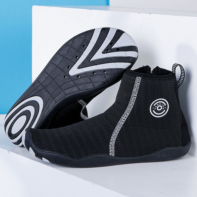Alt Tag: Black zipper breathable water shoes with non-slip rubber soles, ideal for swimming and outdoor sports. Stylish SF1191 sneakers displayed.