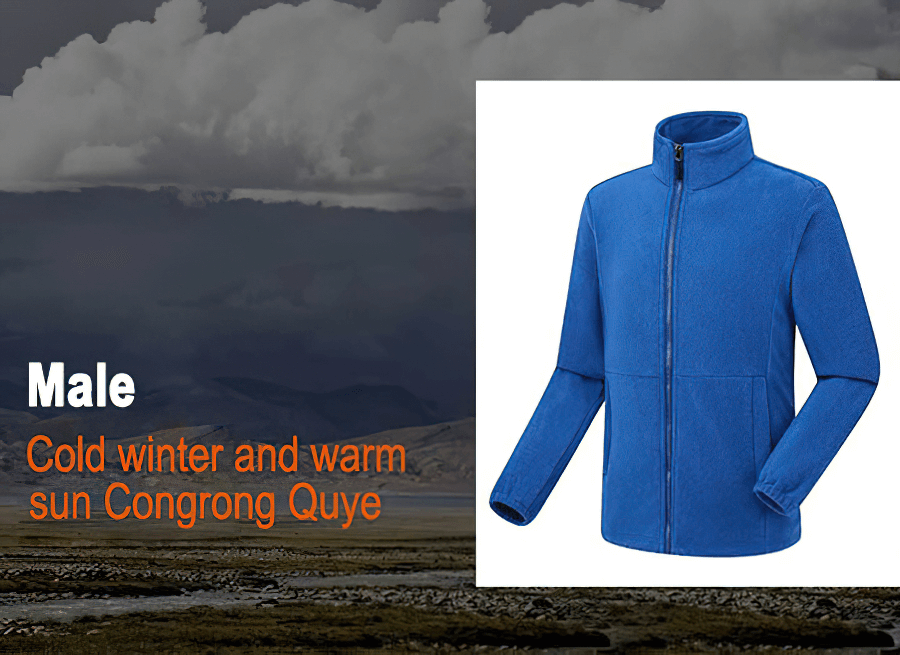 Blue Zipper Fleece Hiking Jacket for Men against stormy outdoor background.