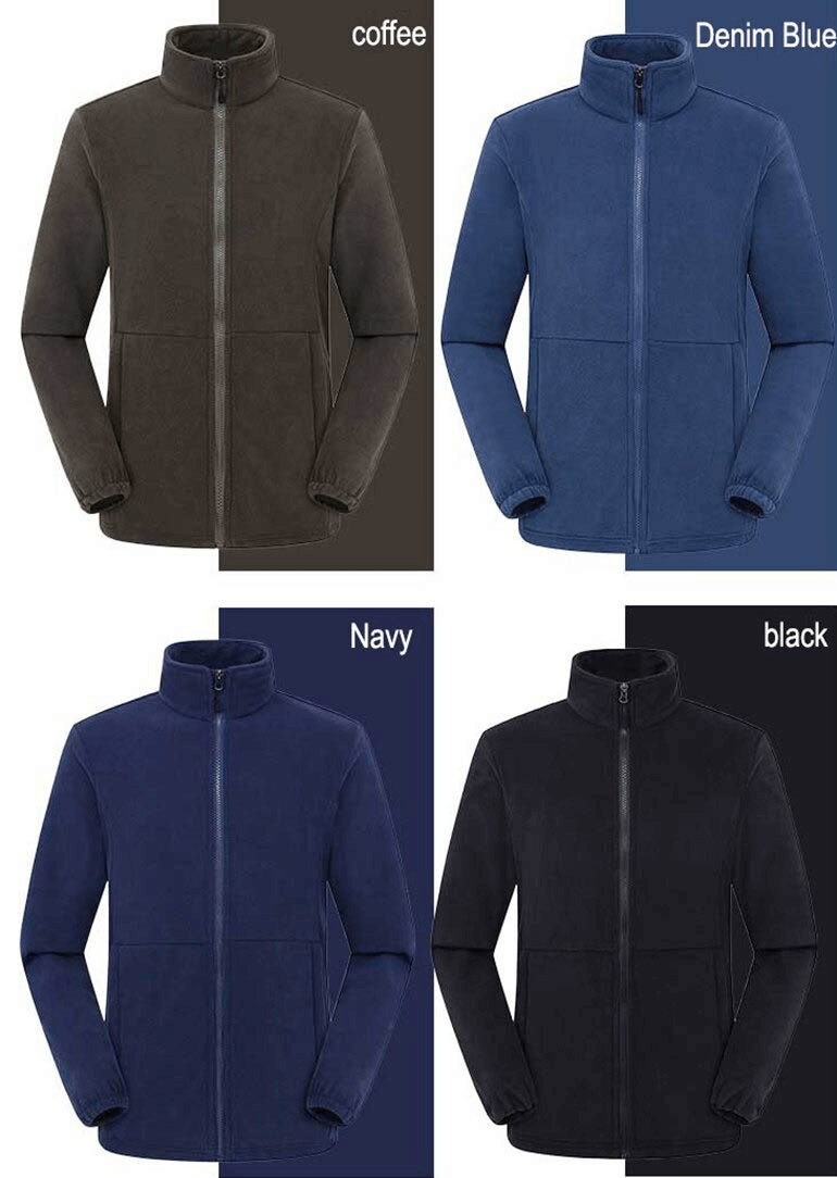 Men's zipper fleece hiking jacket in coffee, denim blue, navy, and black. Warm outdoor sportswear for durable comfort.