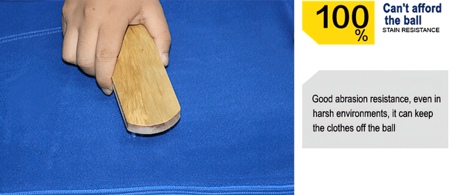 Testing abrasion resistance on blue fabric with a wooden block, highlighting 100% stain resistance for durable outdoor wear.