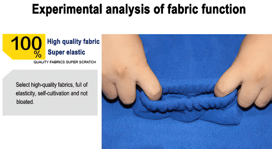 Hands stretching blue elastic fabric with text 'High quality fabric, Super elastic' and 'Experimental analysis of fabric function'
