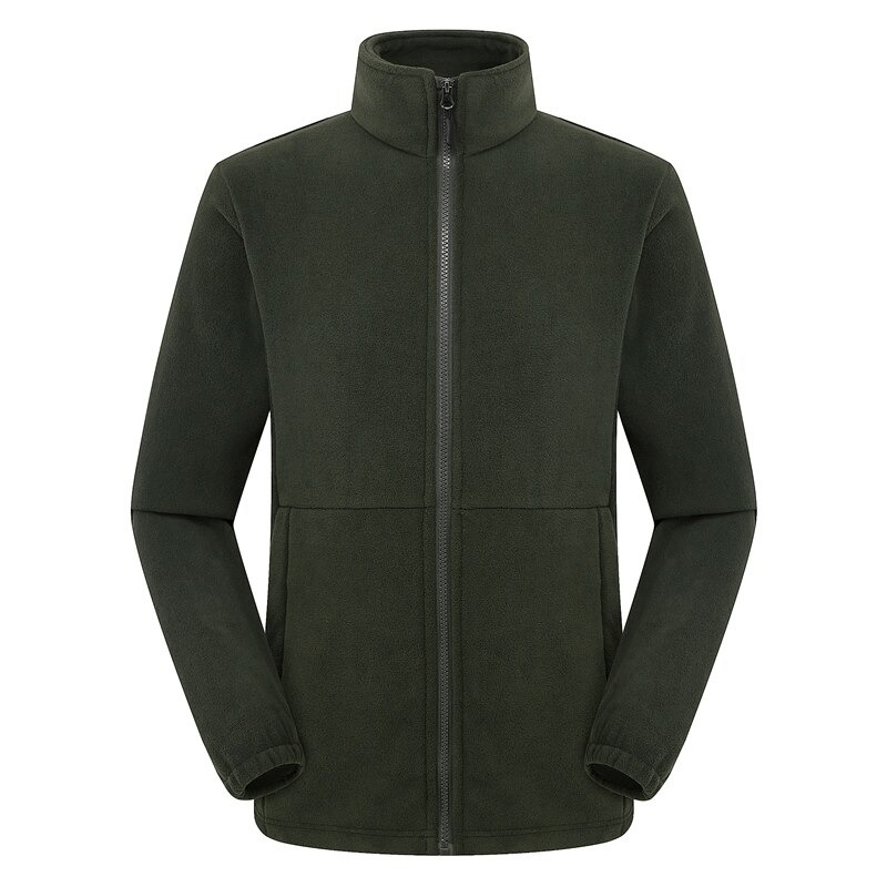 Men's zipper fleece hiking jacket in dark green, warm and windproof outdoor sportswear with full front zipper, perfect for hiking.