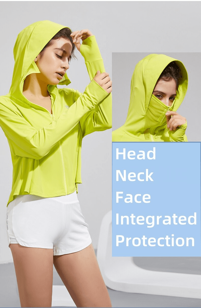 Woman wearing neon green sun protection hoodie with integrated head, neck, and face coverage, demonstrating workout flexibility.