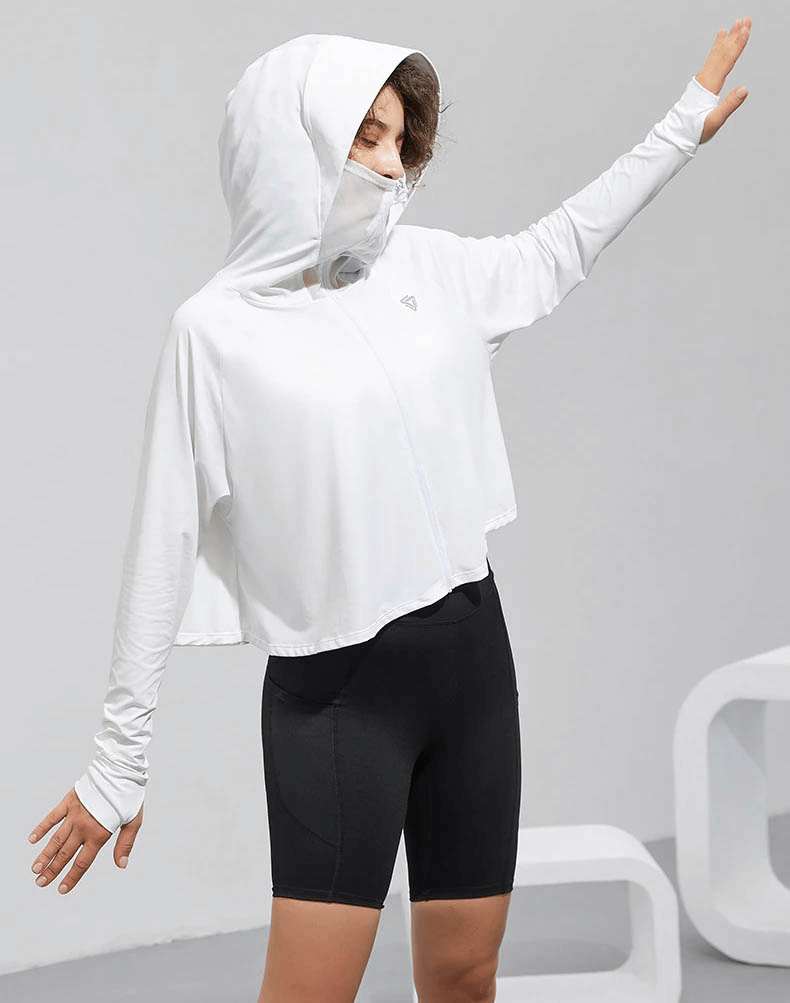 Woman wearing Zipper Long Sleeves Sun Protection Thin Hoodie for active lifestyle, showcasing breathable lightweight fabric.